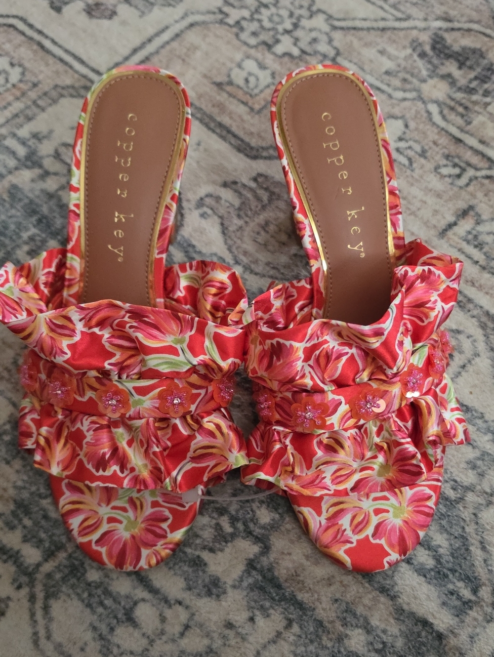 Copper Key Red Floral Ruffle Slide Sandals